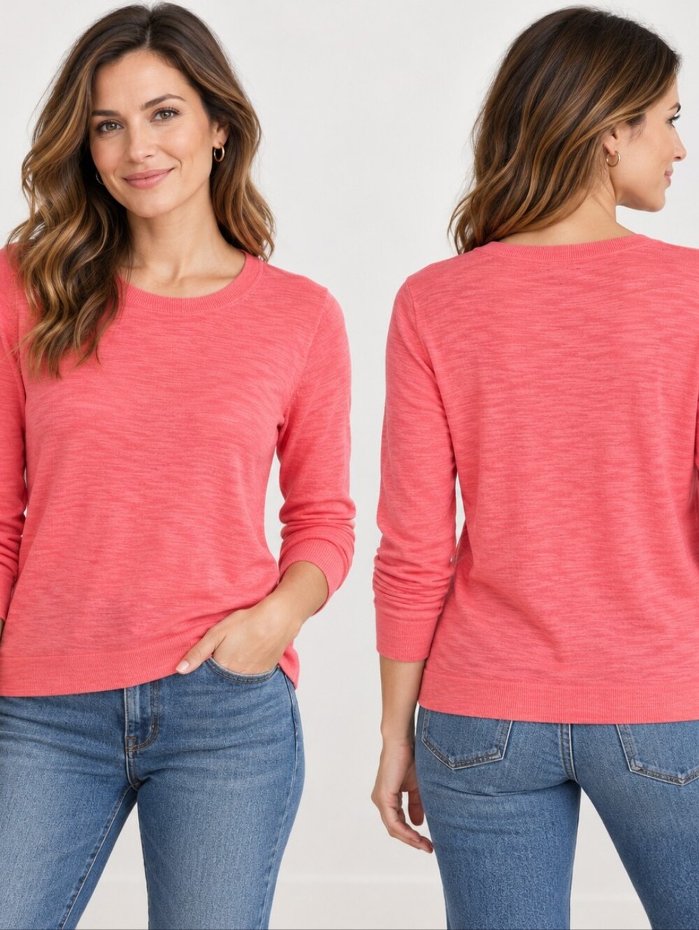 J.Crew Coral Pink Cotton Crewneck Sweater M Coastal Preppy Minimalist Casual